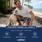 Friends in matching Men's Midnight Moonhoot Custom Dog Face Beach Shorts — a group gift photo