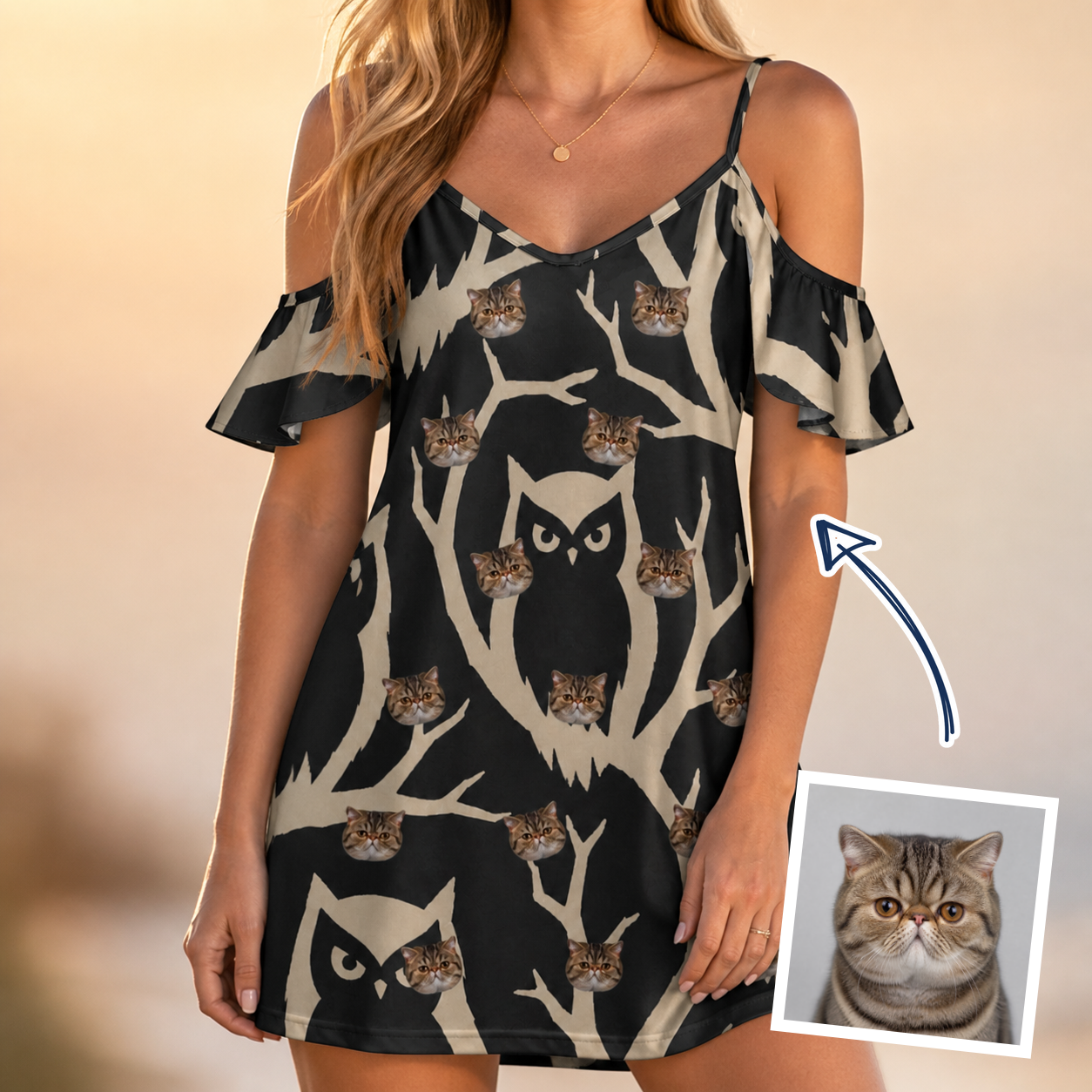 Woman wearing Women's Midnight Moonhoot Custom Cat Face Off-Shoulder Dress — custom faces printed all-over