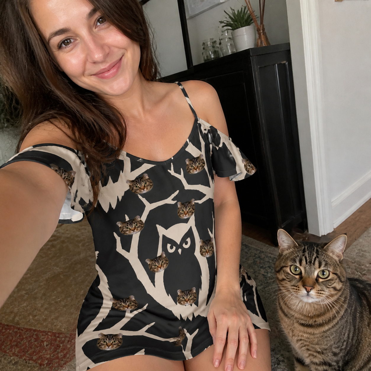 Selfie with the pet whose face is printed all over this Women's Midnight Moonhoot Custom Cat Face Off-Shoulder Dress