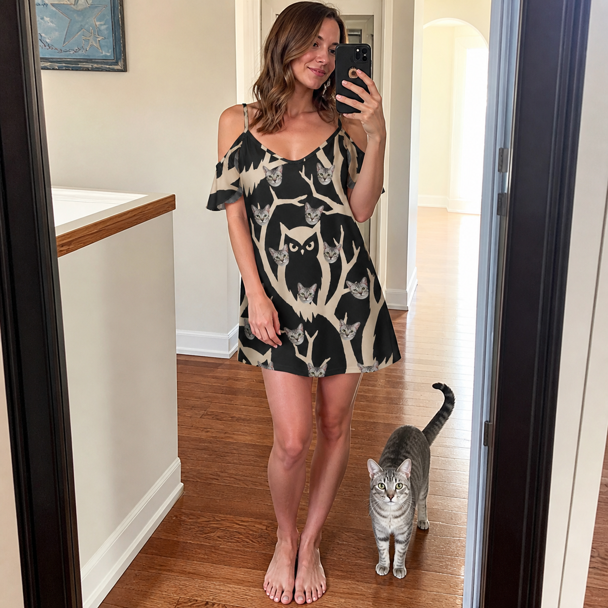 Full-length photo with the pet printed all over this Women's Midnight Moonhoot Custom Cat Face Off-Shoulder Dress