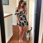 Full-length photo with the pet printed all over this Women's Midnight Moonhoot Custom Cat Face Off-Shoulder Dress