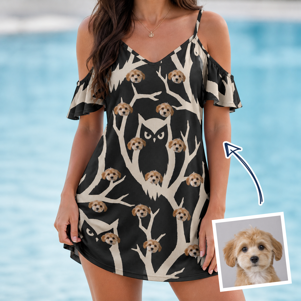 Woman wearing Women's Midnight Moonhoot Custom Dog Face Off-Shoulder Dress — custom faces printed all-over