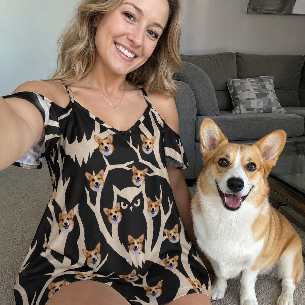 Selfie with the pet whose face is printed all over this Women's Midnight Moonhoot Custom Dog Face Off-Shoulder Dress