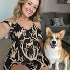 Selfie with the pet whose face is printed all over this Women's Midnight Moonhoot Custom Dog Face Off-Shoulder Dress