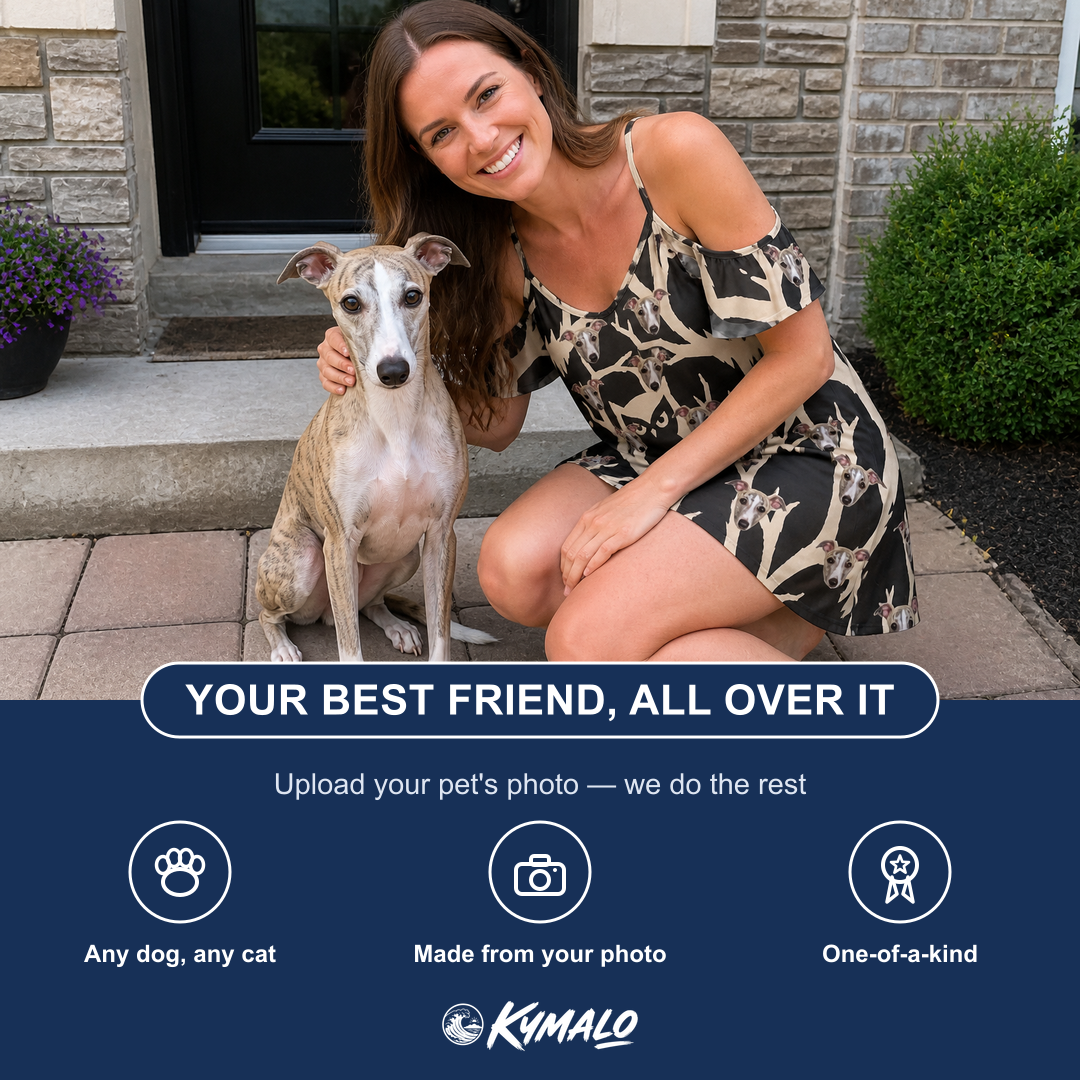 Friends in matching Women's Midnight Moonhoot Custom Dog Face Off-Shoulder Dress — a group gift photo