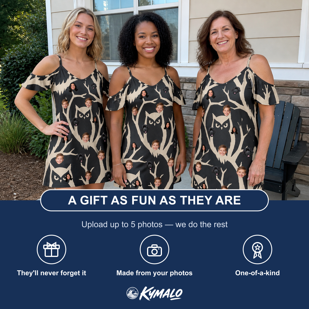 Friends in matching Women's Midnight Moonhoot Custom Face Off-Shoulder Dress — a group gift photo