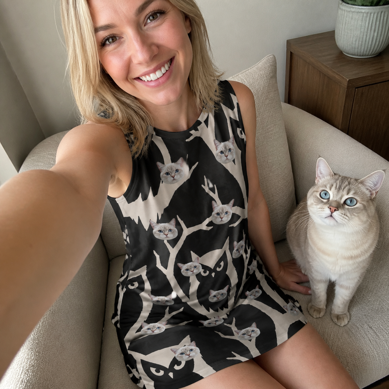 Selfie with the pet whose face is printed all over this Women's Midnight Moonhoot Custom Cat Face Tank Dress