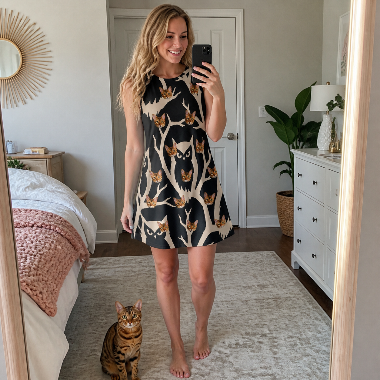 Full-length photo with the pet printed all over this Women's Midnight Moonhoot Custom Cat Face Tank Dress