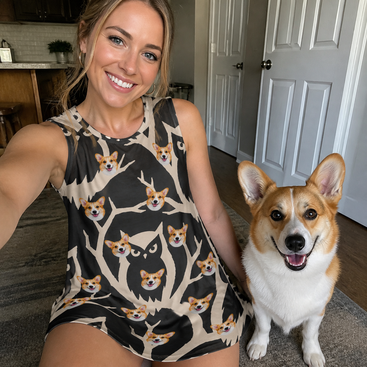 Selfie with the pet whose face is printed all over this Women's Midnight Moonhoot Custom Dog Face Tank Dress