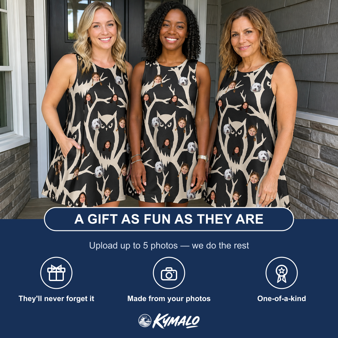 Friends in matching Women's Midnight Moonhoot Custom Face Tank Dress — a group gift photo