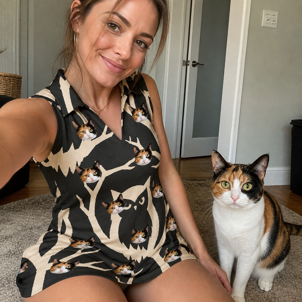 Selfie with the pet whose face is printed all over this Women's Midnight Moonhoot Custom Cat Face V-Neck Dress
