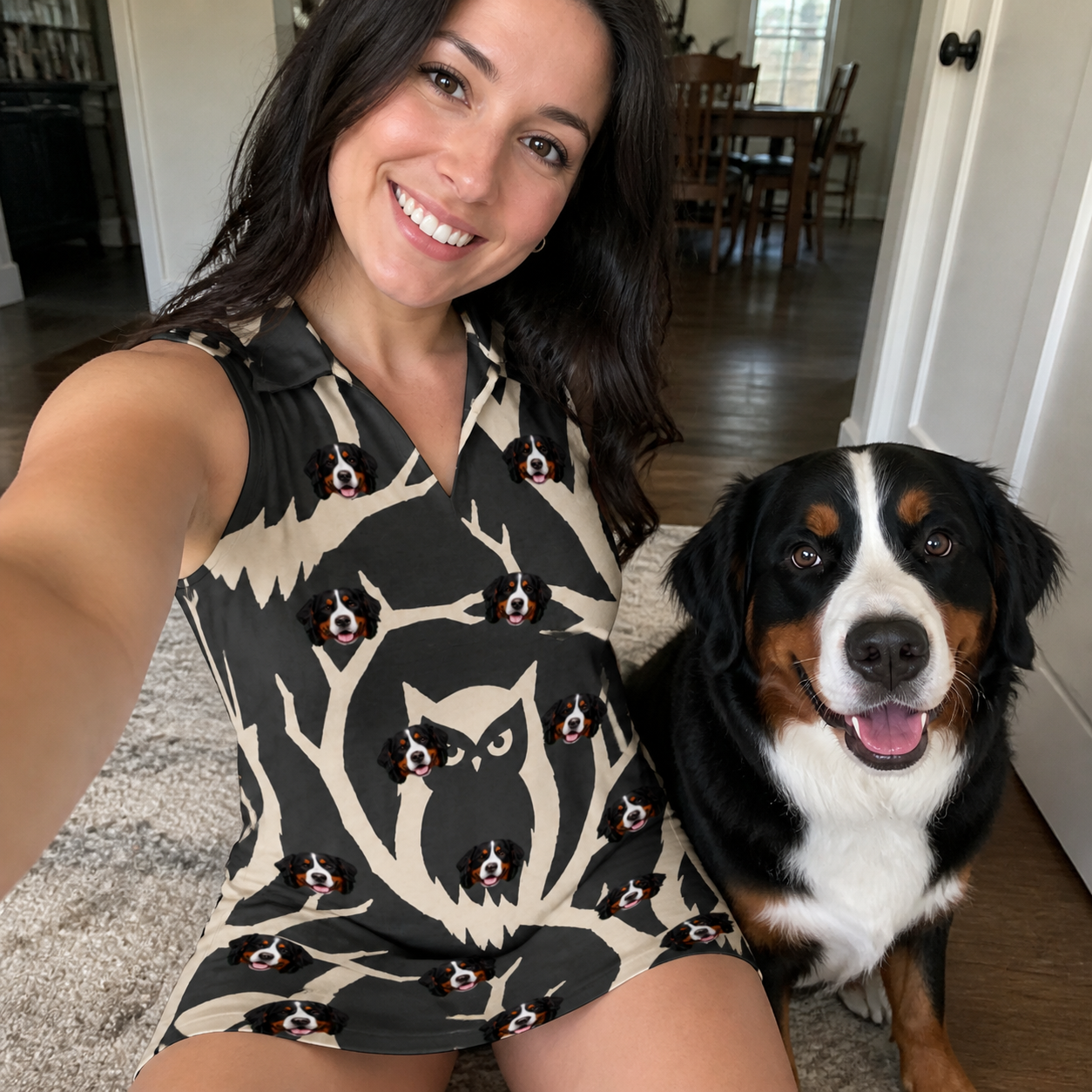 Selfie with the pet whose face is printed all over this Women's Midnight Moonhoot Custom Dog Face V-Neck Dress