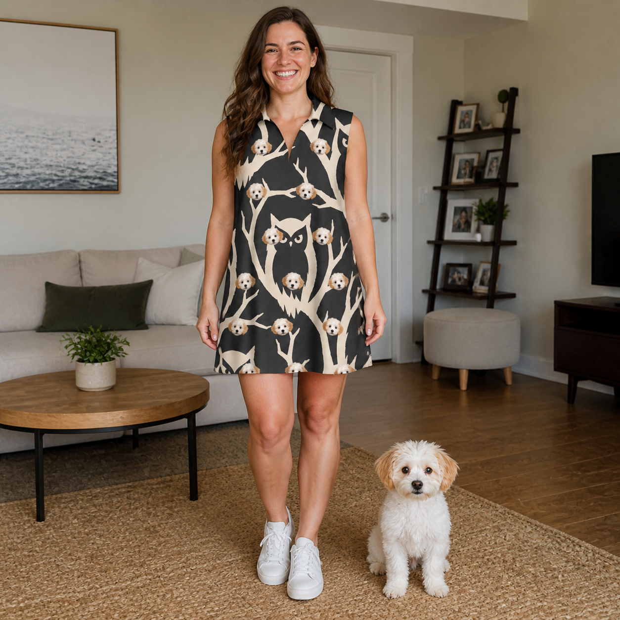 Full-length photo with the pet printed all over this Women's Midnight Moonhoot Custom Dog Face V-Neck Dress
