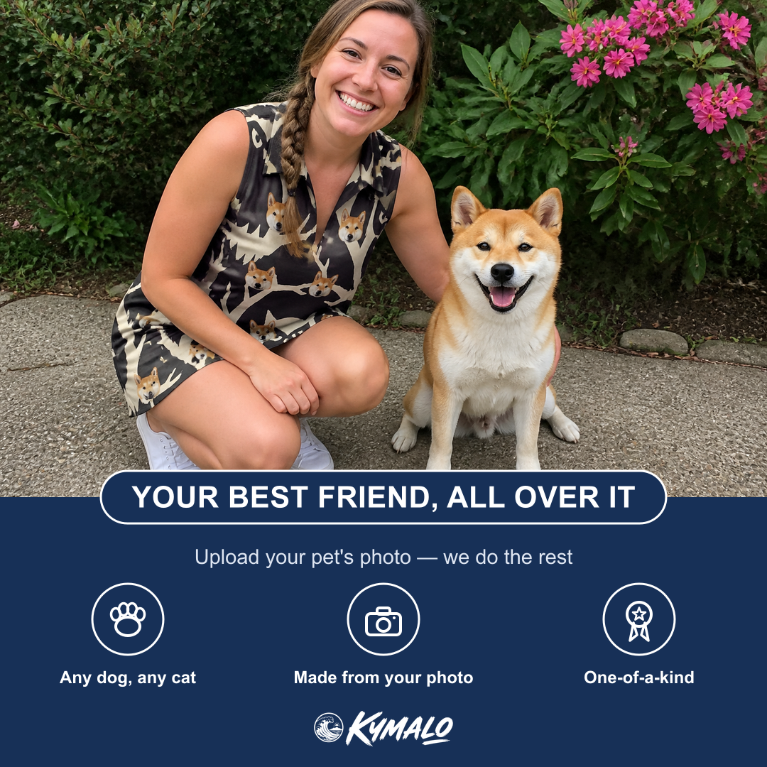 Friends in matching Women's Midnight Moonhoot Custom Dog Face V-Neck Dress — a group gift photo
