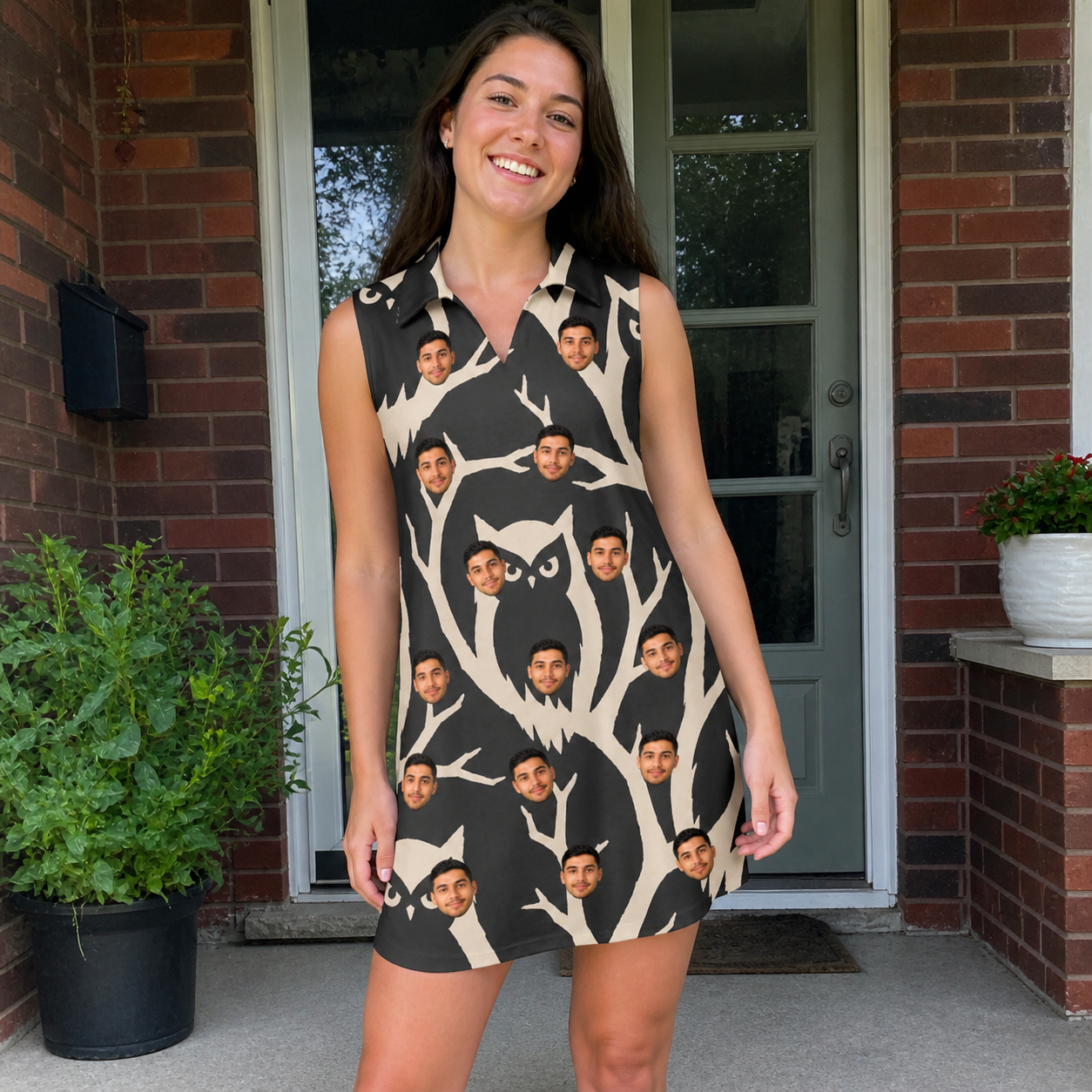 Real-life photo of someone wearing Women's Midnight Moonhoot Custom Face V-Neck Dress — custom faces printed all-over