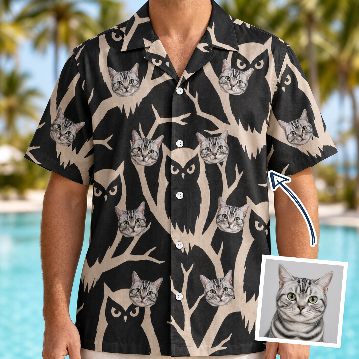Man wearing Funny Spooky Owls Custom Cat Face Hawaiian Shirt for Men — custom faces printed all-over