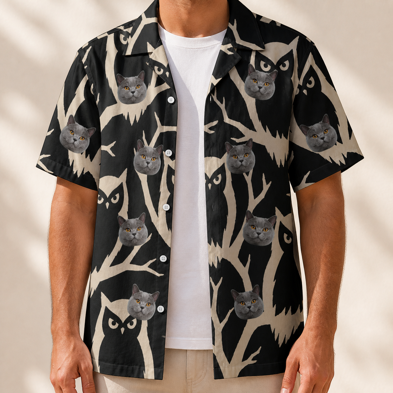Man wearing Funny Spooky Owls Custom Cat Face Hawaiian Shirt for Men open over a white tee