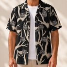 Man wearing Funny Spooky Owls Custom Cat Face Hawaiian Shirt for Men open over a white tee