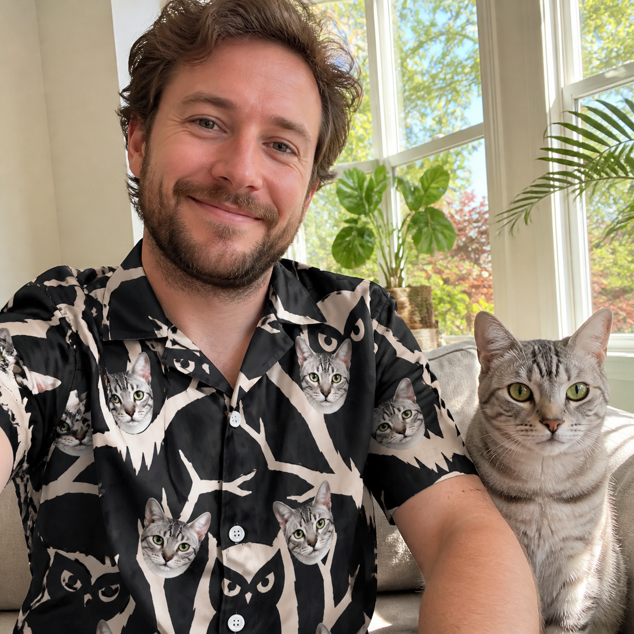 Selfie with the pet whose face is printed all over this Funny Spooky Owls Custom Cat Face Hawaiian Shirt for Men