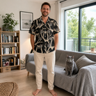 Full-length photo with the pet printed all over this Funny Spooky Owls Custom Cat Face Hawaiian Shirt for Men