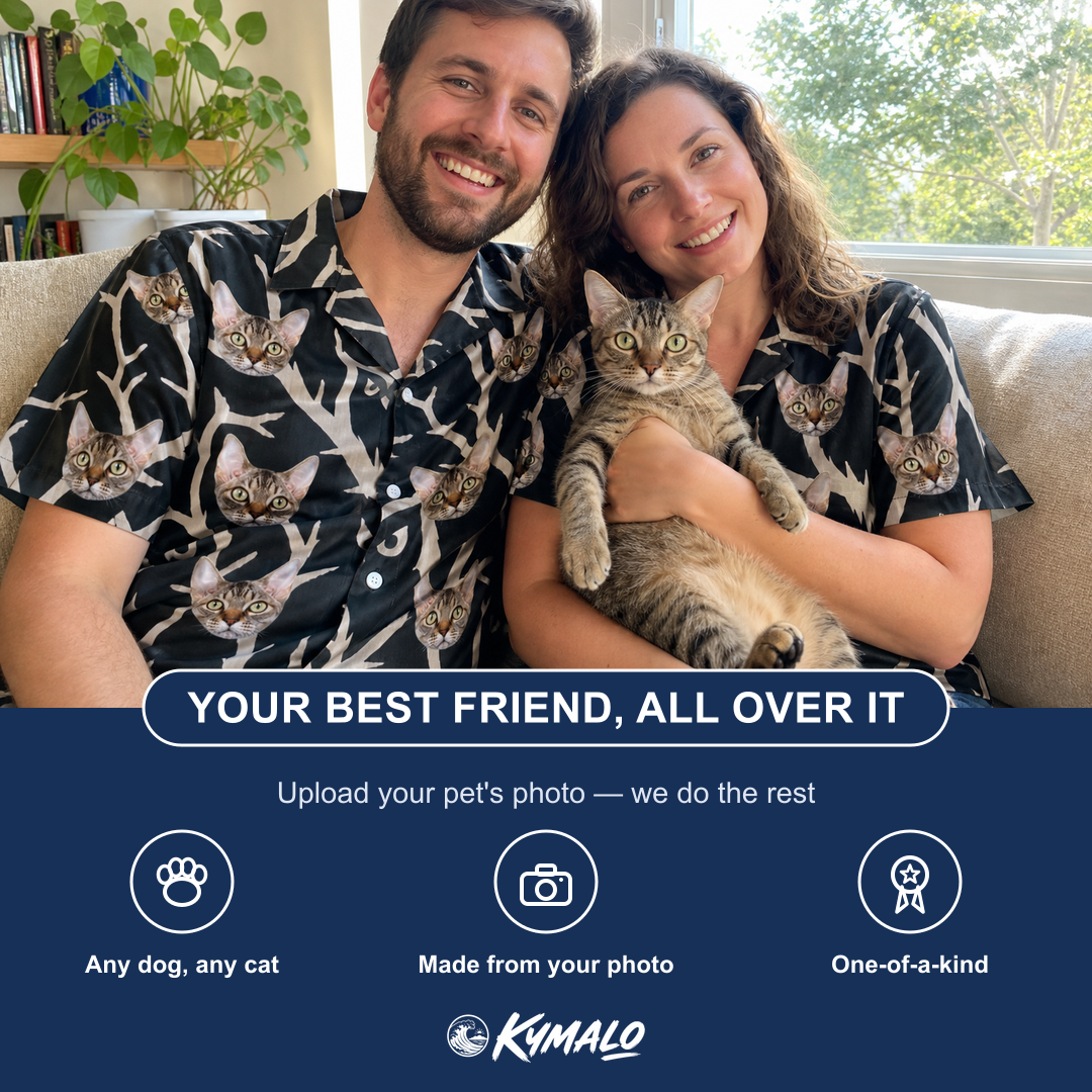 Friends in matching Funny Spooky Owls Custom Cat Face Hawaiian Shirt for Men — a group gift photo