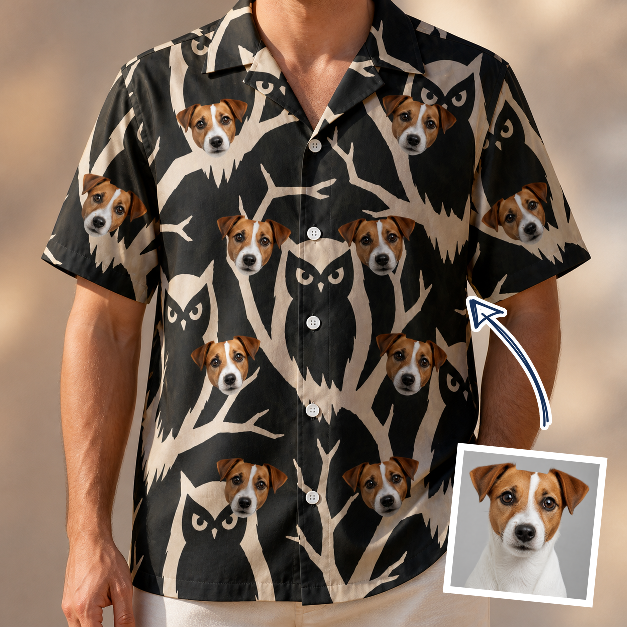Man wearing Men's Midnight Moonhoot Custom Dog Face Hawaiian Shirt — custom faces printed all-over