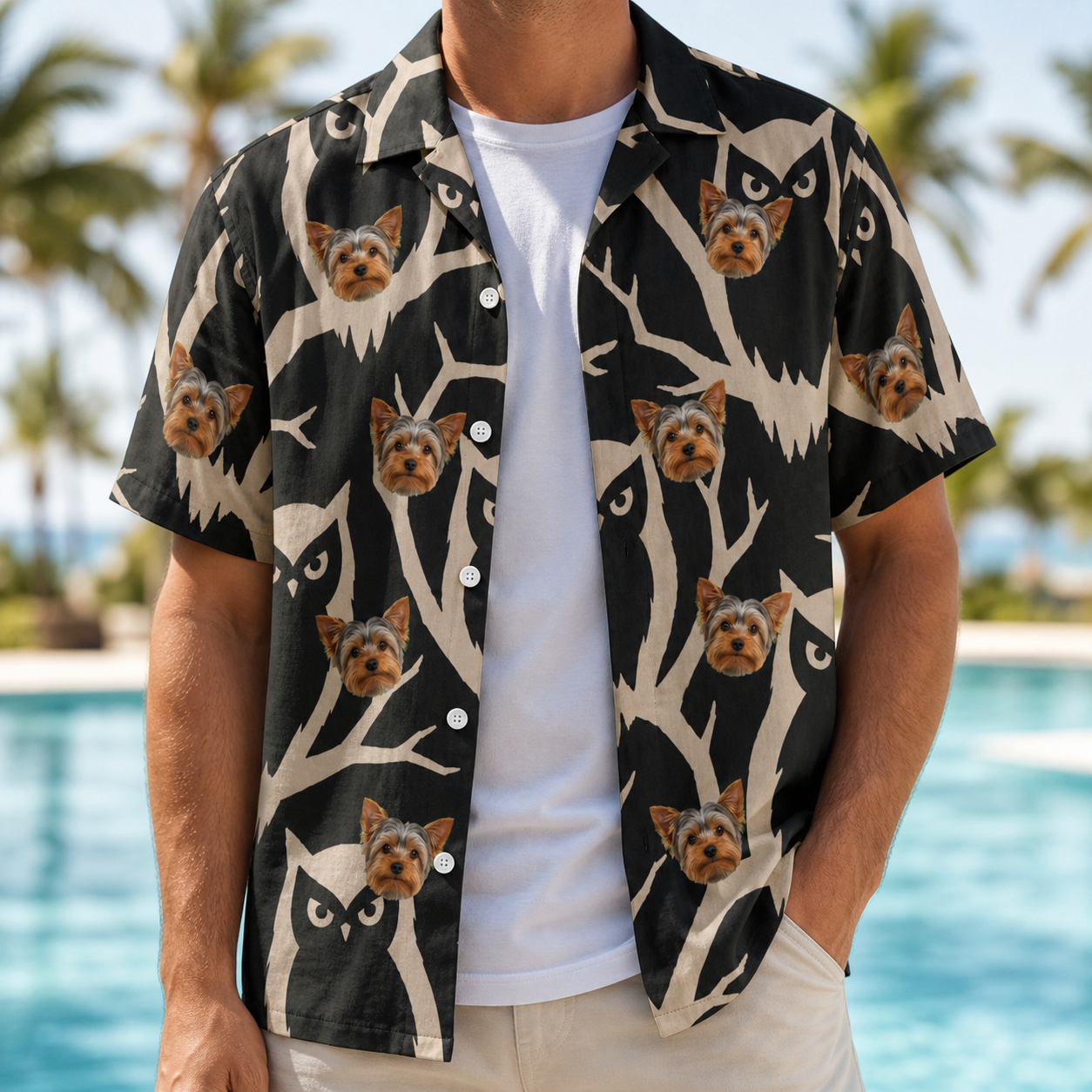 Man wearing Men's Midnight Moonhoot Custom Dog Face Hawaiian Shirt open over a white tee