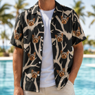 Man wearing Men's Midnight Moonhoot Custom Dog Face Hawaiian Shirt open over a white tee
