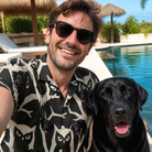 Selfie with the pet whose face is printed all over this Men's Midnight Moonhoot Custom Dog Face Hawaiian Shirt