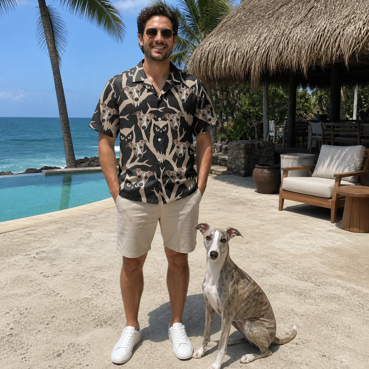 Full-length photo with the pet printed all over this Men's Midnight Moonhoot Custom Dog Face Hawaiian Shirt