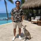 Full-length photo with the pet printed all over this Men's Midnight Moonhoot Custom Dog Face Hawaiian Shirt
