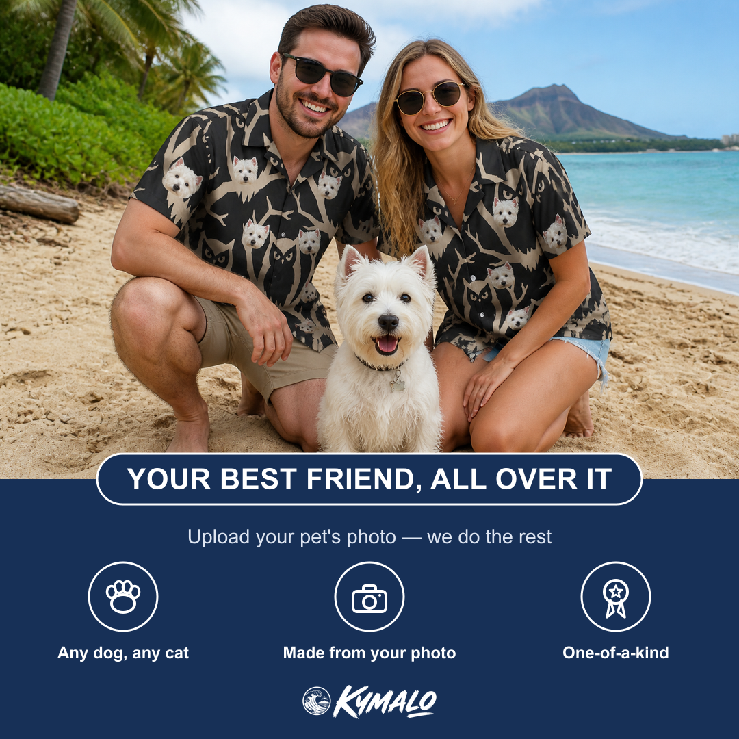 Friends in matching Men's Midnight Moonhoot Custom Dog Face Hawaiian Shirt — a group gift photo