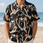 Model wearing Men's Midnight Moonhoot Custom Face Hawaiian Shirt printed with kids' faces
