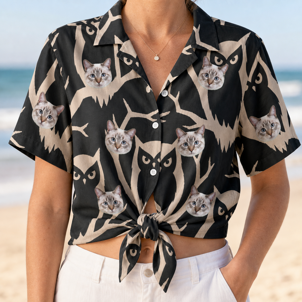Woman wearing Women's Midnight Moonhoot Custom Cat Face Hawaiian Shirt tied at the waist