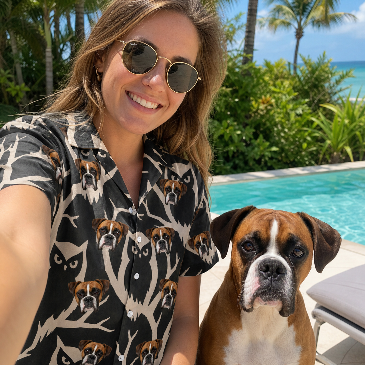 Selfie with the pet whose face is printed all over this Women's Midnight Moonhoot Custom Dog Face Hawaiian Shirt