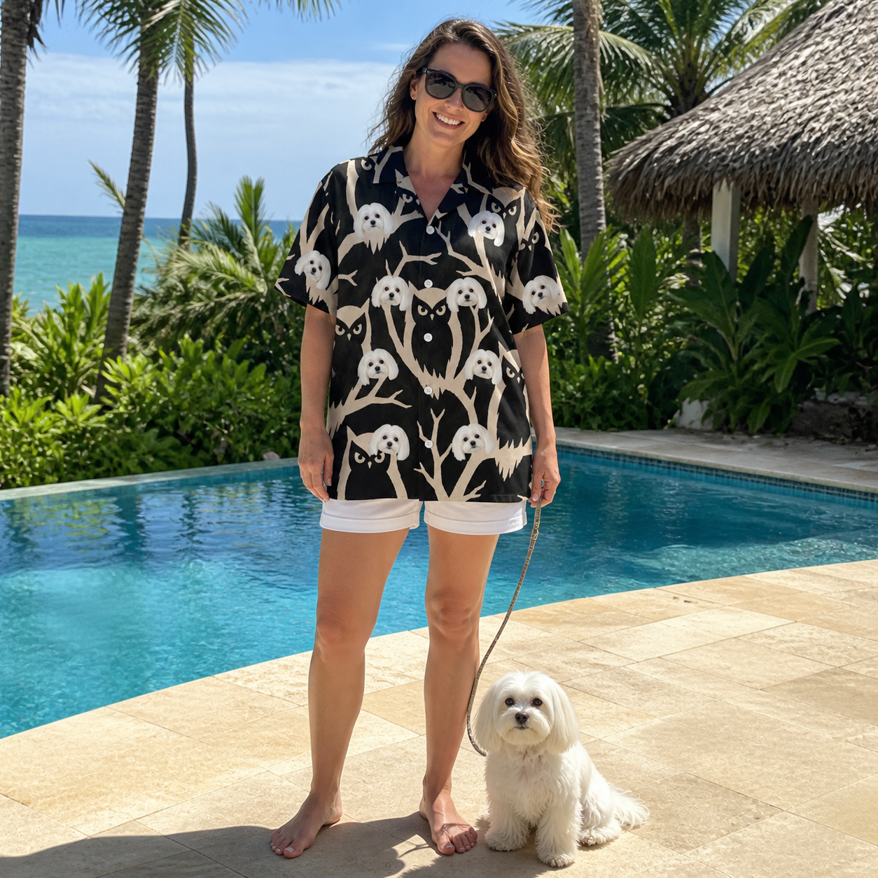 Full-length photo with the pet printed all over this Women's Midnight Moonhoot Custom Dog Face Hawaiian Shirt