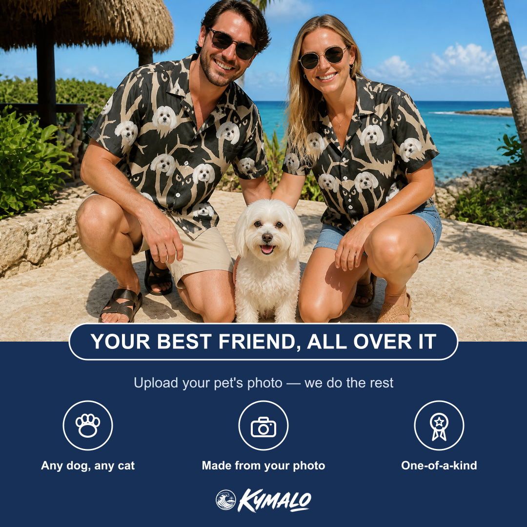 Friends in matching Women's Midnight Moonhoot Custom Dog Face Hawaiian Shirt — a group gift photo