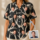 Woman wearing Women's Midnight Moonhoot Custom Face Hawaiian Shirt — custom faces printed all-over