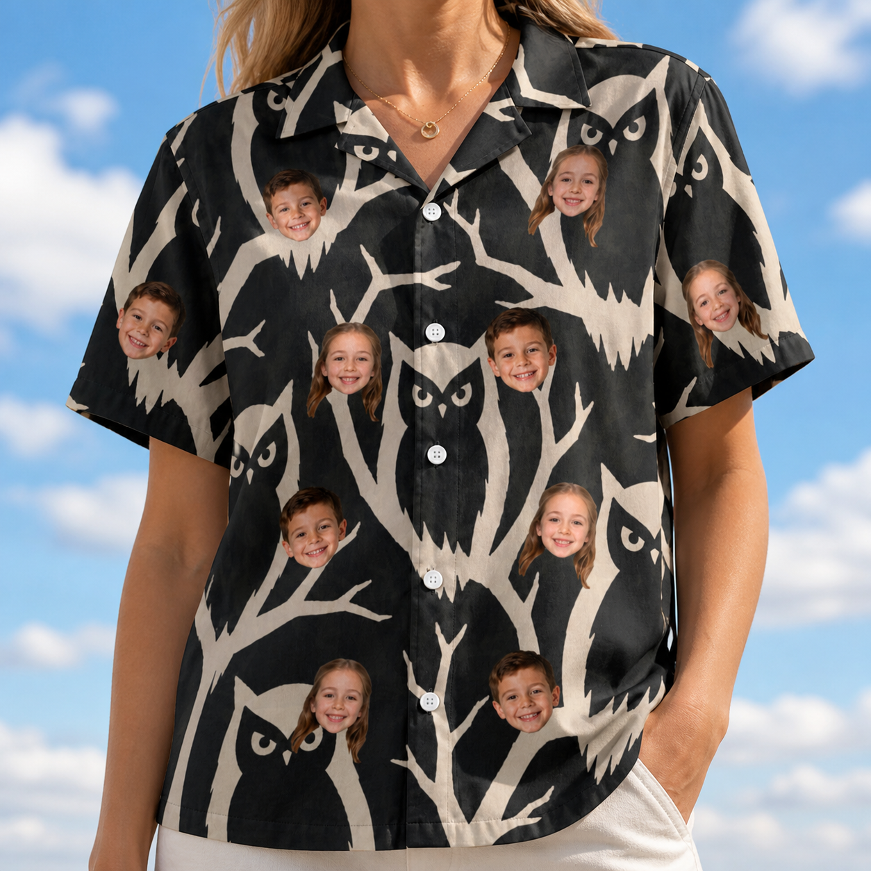 Model wearing Women's Midnight Moonhoot Custom Face Hawaiian Shirt printed with kids' faces