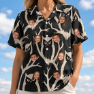 Model wearing Women's Midnight Moonhoot Custom Face Hawaiian Shirt printed with kids' faces