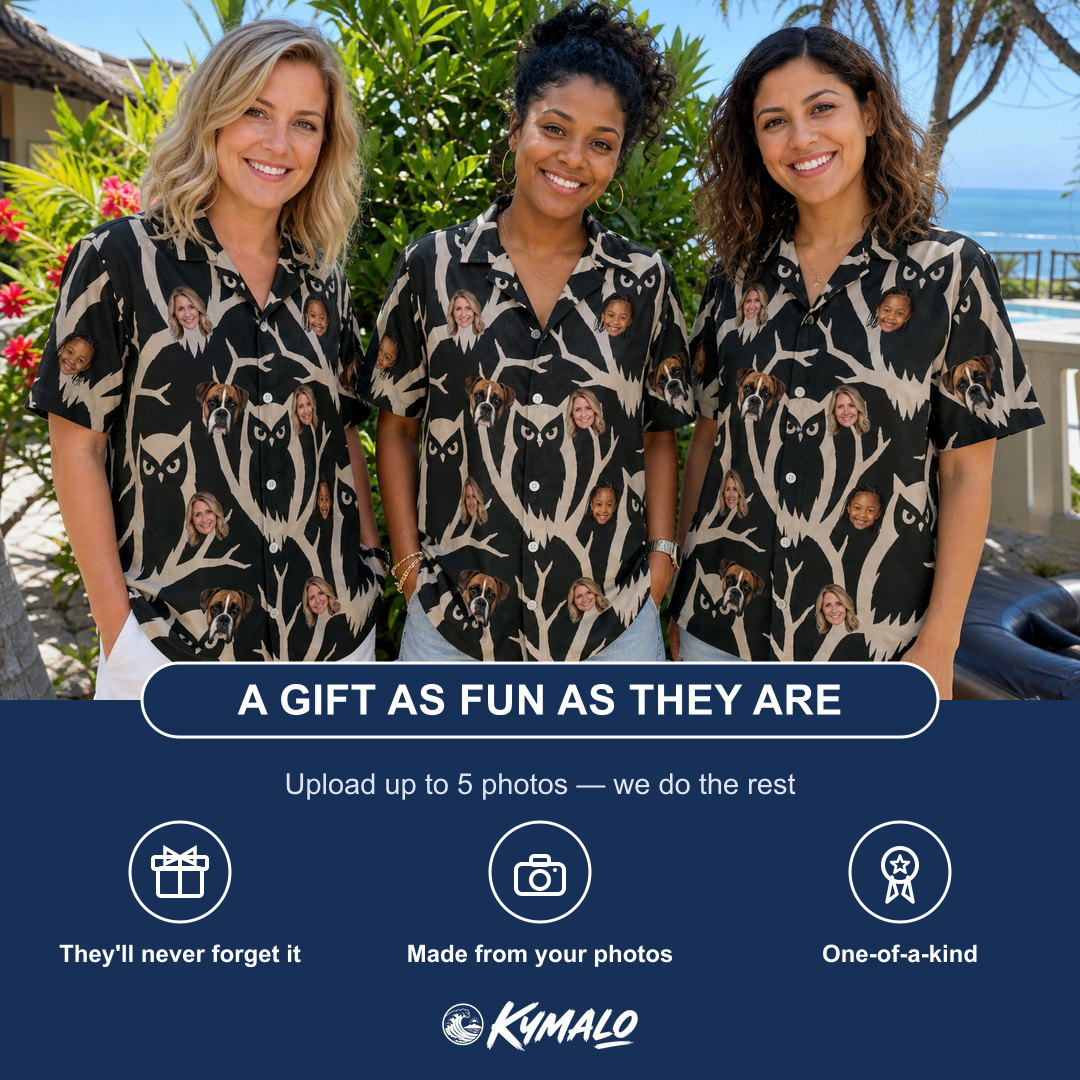 Friends in matching Women's Midnight Moonhoot Custom Face Hawaiian Shirt — a group gift photo