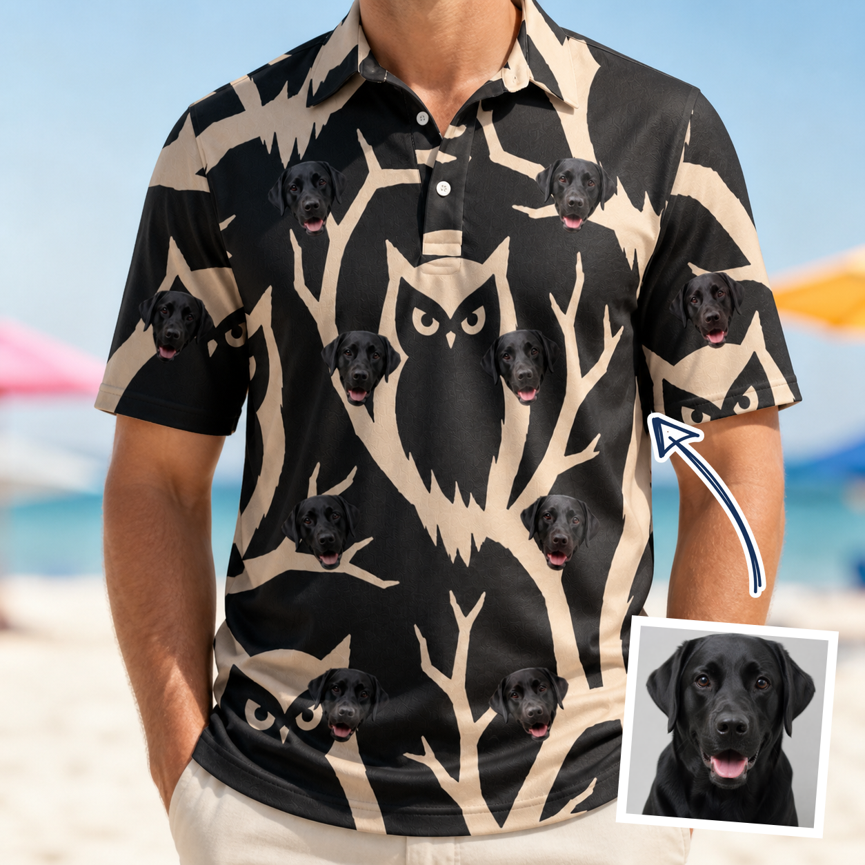 Man wearing Men's Midnight Moonhoot Custom Dog Face Polo Shirt — custom faces printed all-over