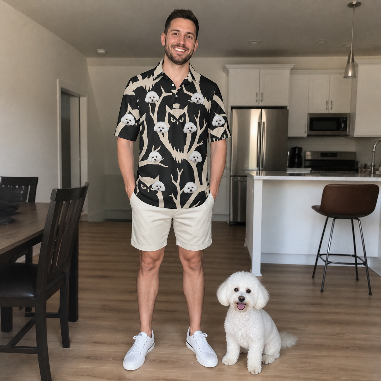 Full-length photo with the pet printed all over this Men's Midnight Moonhoot Custom Dog Face Polo Shirt