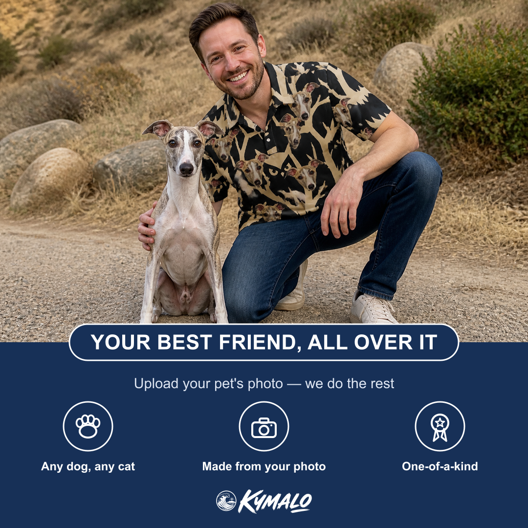 Friends in matching Men's Midnight Moonhoot Custom Dog Face Polo Shirt — a group gift photo