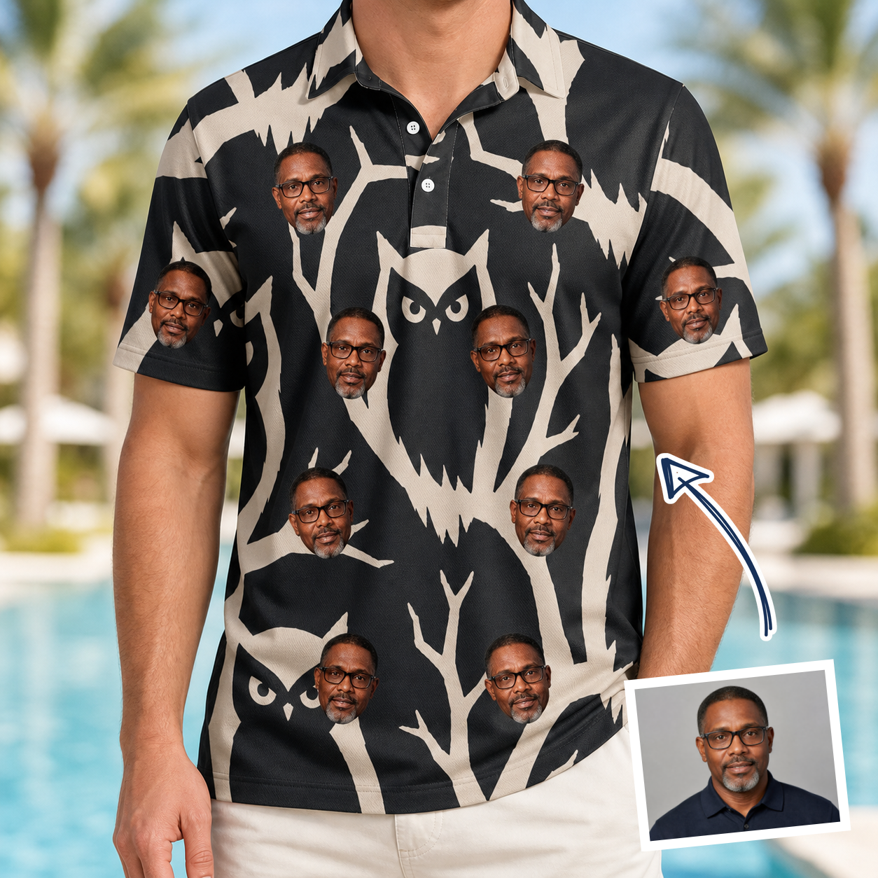 Man wearing Men's Midnight Moonhoot Custom Face Polo Shirt — custom faces printed all-over
