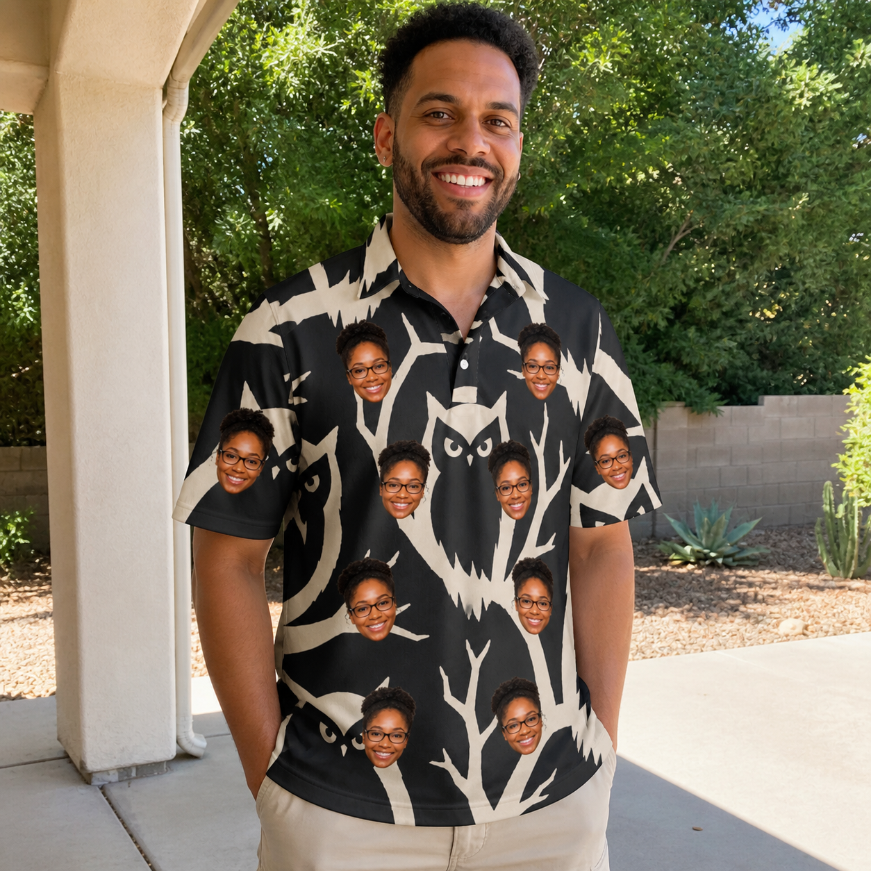 Real-life photo of someone wearing Men's Midnight Moonhoot Custom Face Polo Shirt — custom faces printed all-over