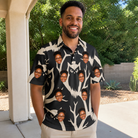 Real-life photo of someone wearing Men's Midnight Moonhoot Custom Face Polo Shirt — custom faces printed all-over