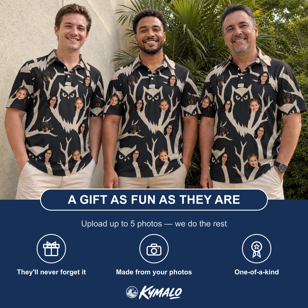 Friends in matching Men's Midnight Moonhoot Custom Face Polo Shirt — a group gift photo