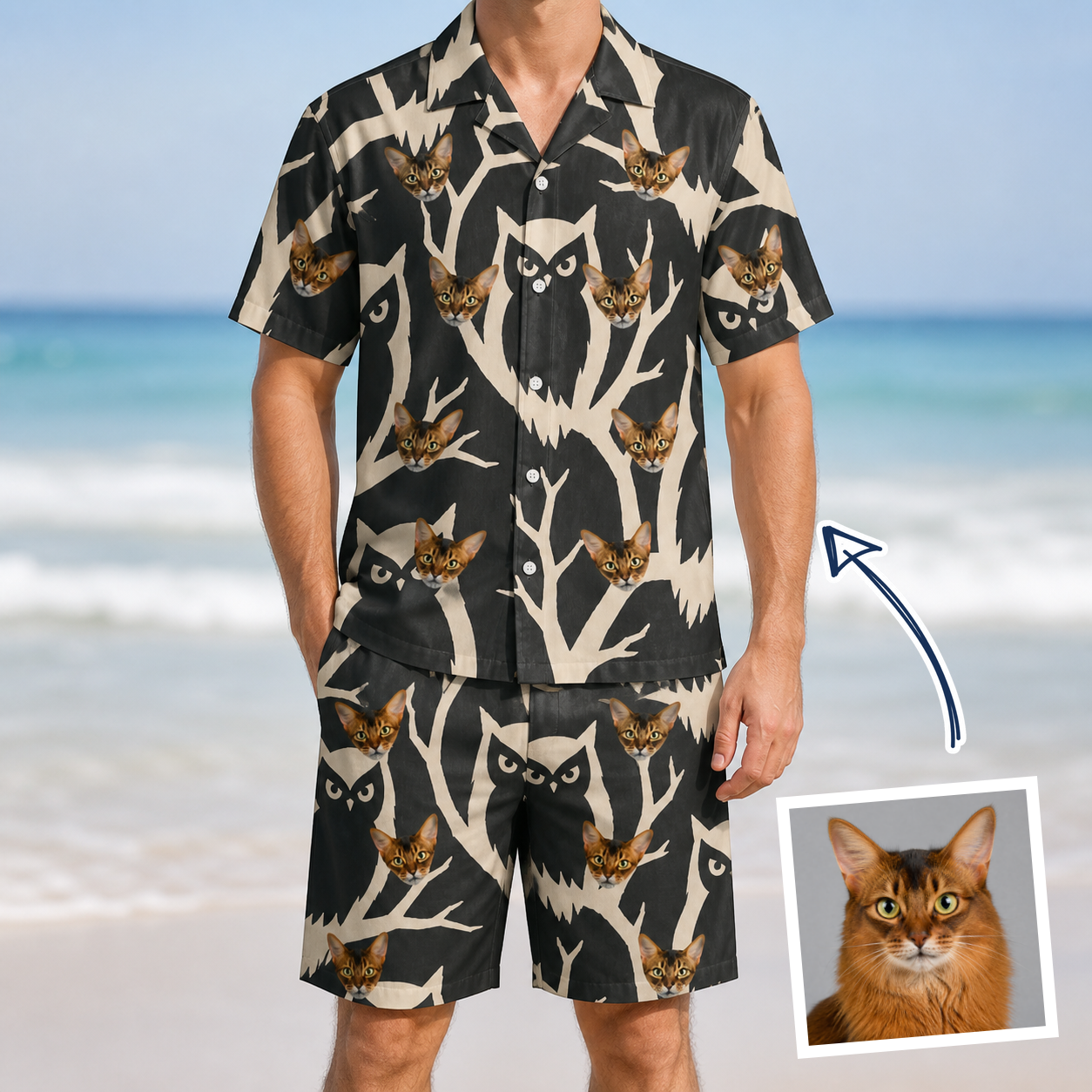 Man wearing Men's Midnight Moonhoot Custom Cat Face Shirt & Shorts Set — custom faces printed all-over