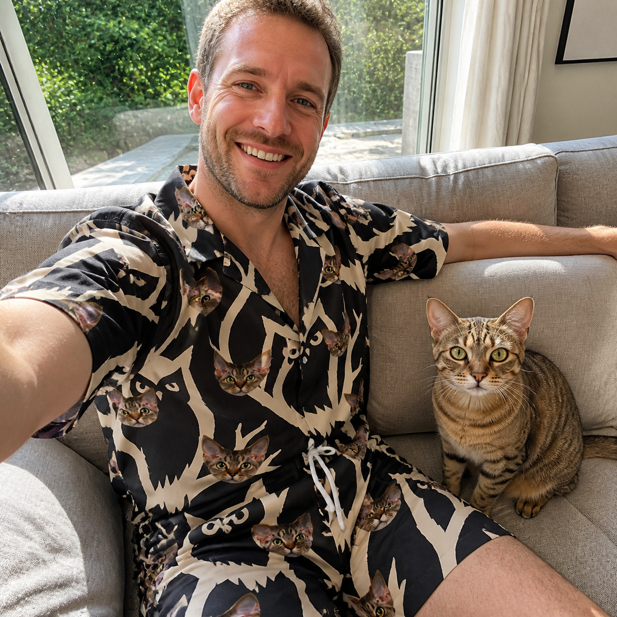 Selfie with the pet whose face is printed all over this Men's Midnight Moonhoot Custom Cat Face Shirt & Shorts Set